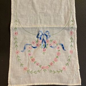 Antique Floral and ribbon bow Embroidered Linen Table Runner